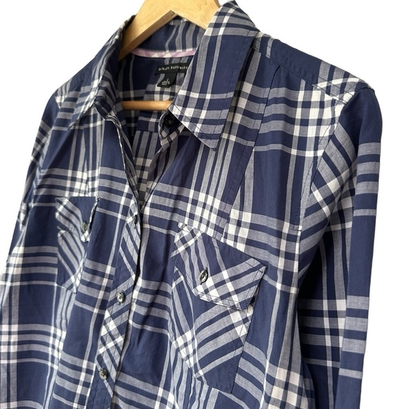 Banana Republic Blue and White Plaid Cotton Button Down Blouse, Large - Picture 7 of 10
